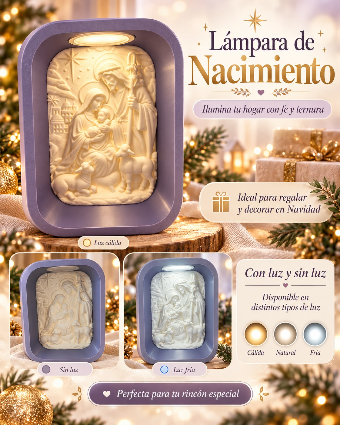 Lámpara de Nacimiento 3D con luz cálida, natural o fría