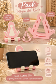 Pack Virgen del Rocío en color rosa con el soporte para móvil en uso