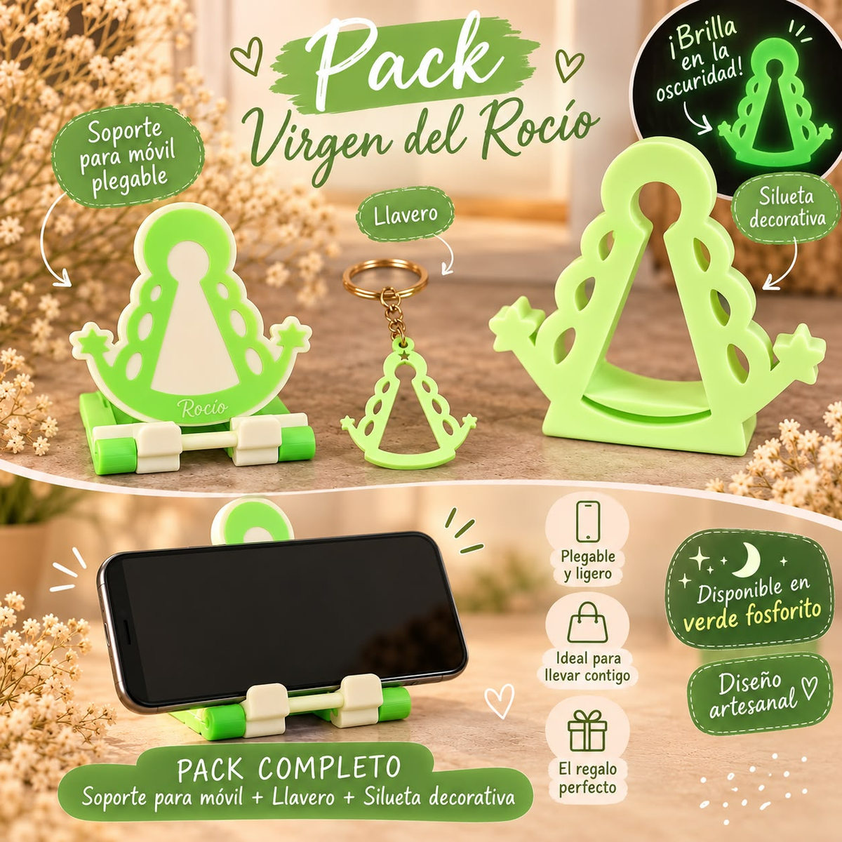 Pack Virgen del Rocío en Verde Glow, material que brilla en la oscuridad